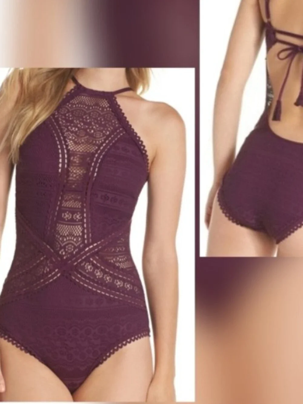 BECCA Plum Crochet High-Neck One-Piece Swimsuit